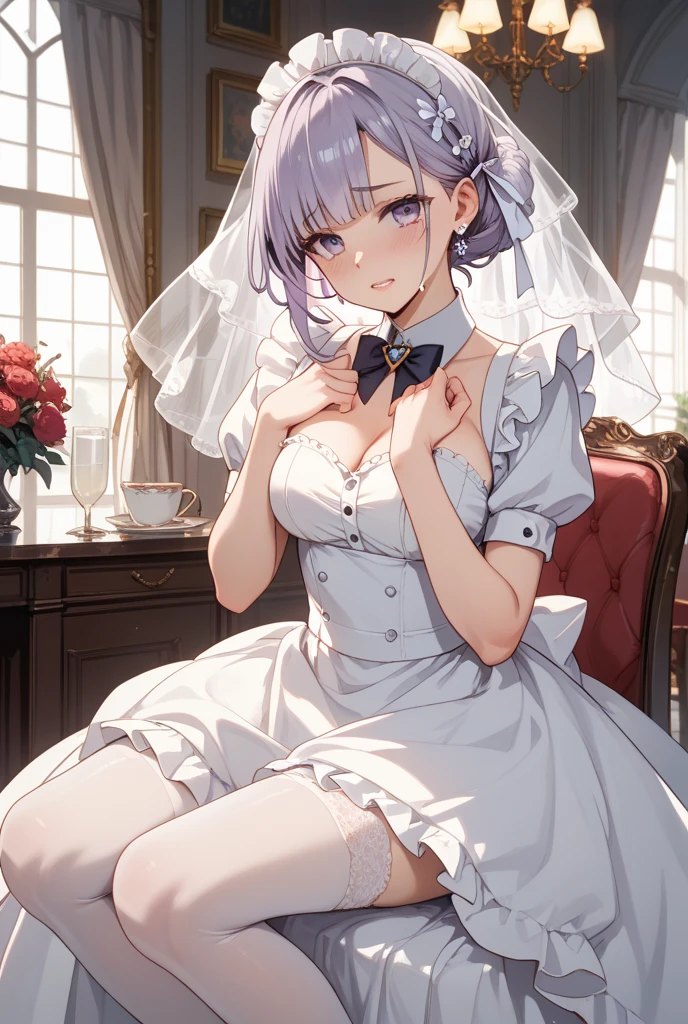 (masterpiece,best quality),(From below),1 Girl,church,(sit),((Bare Legs)),(Wedding dress:1.8),(尖头High heel:1.5),Strapless,Off-shoulder, Solitary, (Three Kingdoms Palace\(Genshin Impact\):0.8),(adapted costume:1.3),Jewelry,碎布鞋masterpiece, best quality, 8K picture quality, beautiful, attractive, gorgeous, Keqing，Fox Girl，Huge breasts，High heel