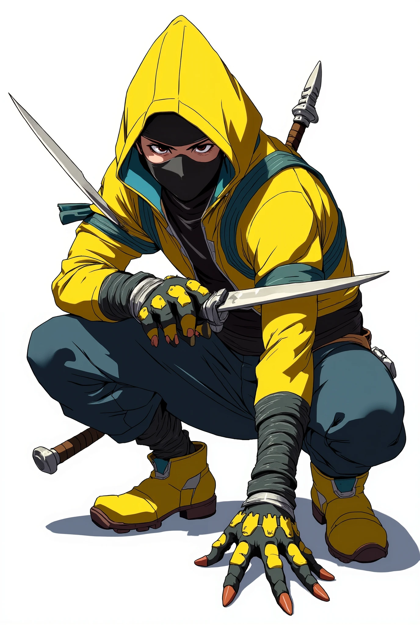 "A sleek, agile rogue assassin character crouching in a stealthy pose, ready to strike. The character should have a stealthy outfit with dark leather armor, a yellow hood, and dual daggers. The rogue’s stance should convey speed and stealth, with one dagger raised, and the other in a defensive position. The outfit should be detailed with various textures and shadows, making 2D anime. The color palette should focus on yellow tones, such as blue denim, gray, and yellow. yeelowboots, joggers pants"