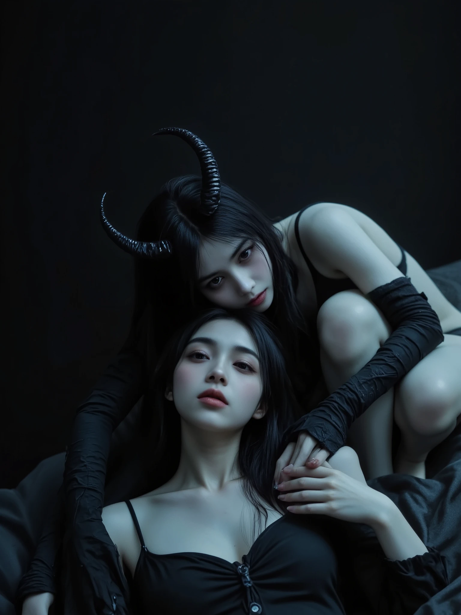 (masterpiece:1.4), (best quality:1.4), (high resolution:1.4), Full body manga style, a white female demon, 19 years old yandere, black hair (horn on forehead red), ahegao face, on a bed, dark night atmosphere, ray tracing