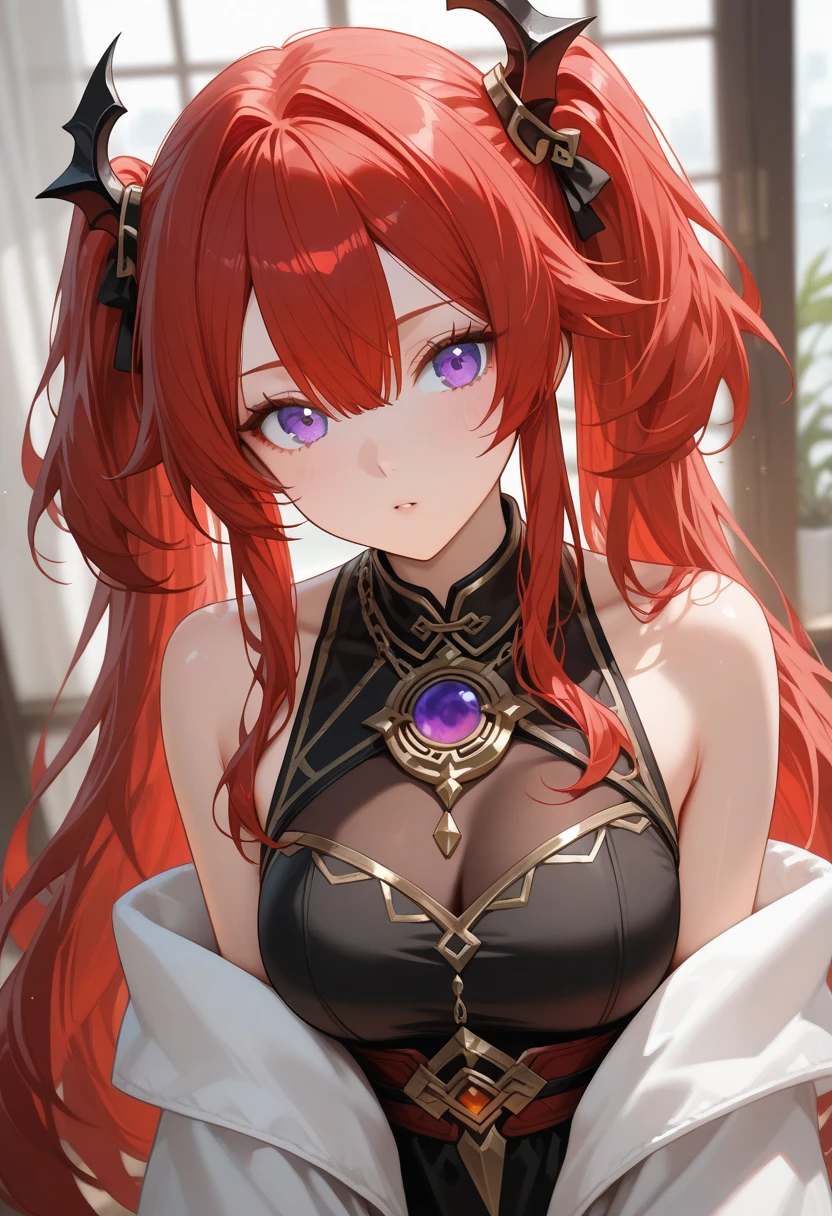 red hair,purple eyes, gown, 1girl, breasts, jewelry,, pink dress, side ponytail, necklace, solo, hair ornament, cleavage, sidelocks, bare shoulders, cloudy night, earrings, revealing clothes, bangs, hairclip, looking at viewer, large breasts, thighs, simple background, bracelet, , purple eyes, cowboy shot, parted lips, squatting, halterneck, (at an ice hotel:1.2)