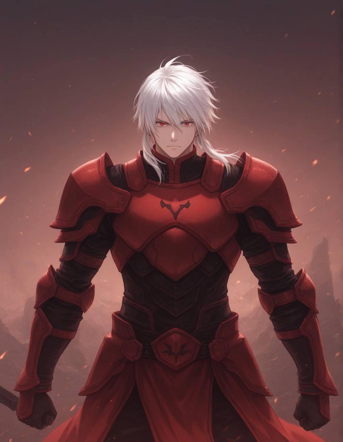 Gray-black eyes, panorama, gray hair, red tail, abs, organic armor on the body