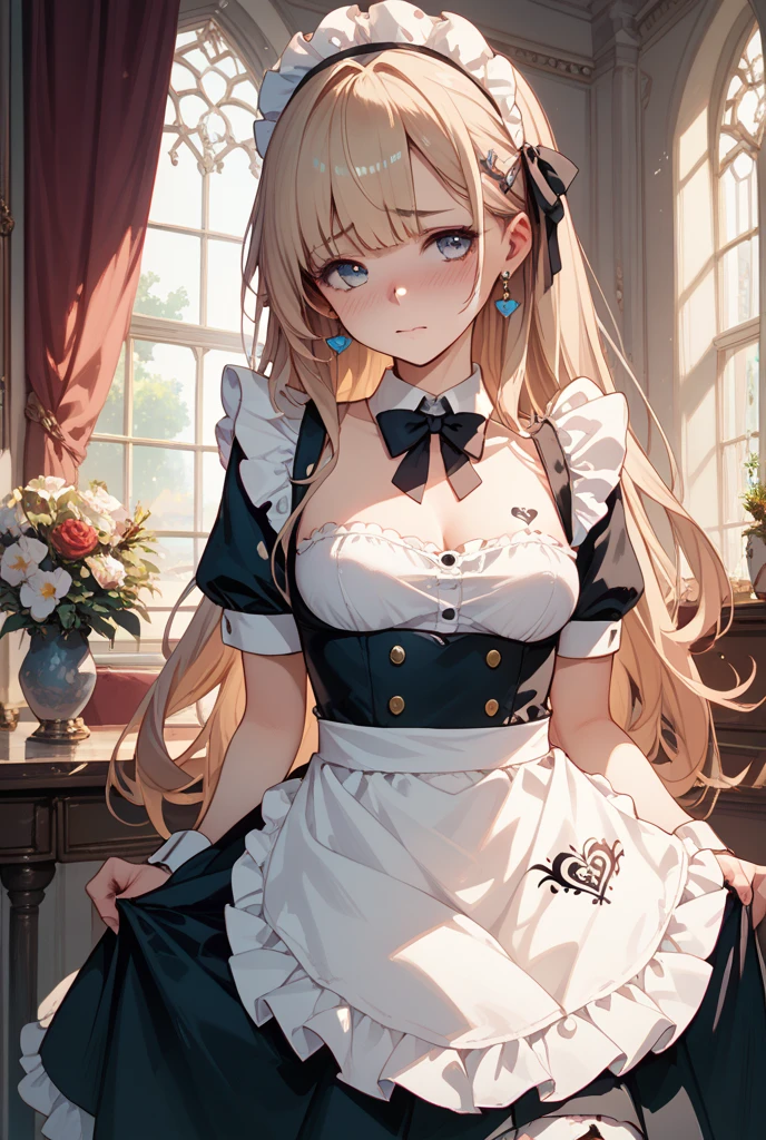 best lighting, absurdres, masterpiece, best quality, ultra-detailed illustration, (1girl:1.3), absurdres high detailed face, medium breast, long blonde hair, maid costume, apron, maid apron, maid headdress, short dress, detailed blue eyes, twintail, indoors, window, shy, blush, cute, hands in front