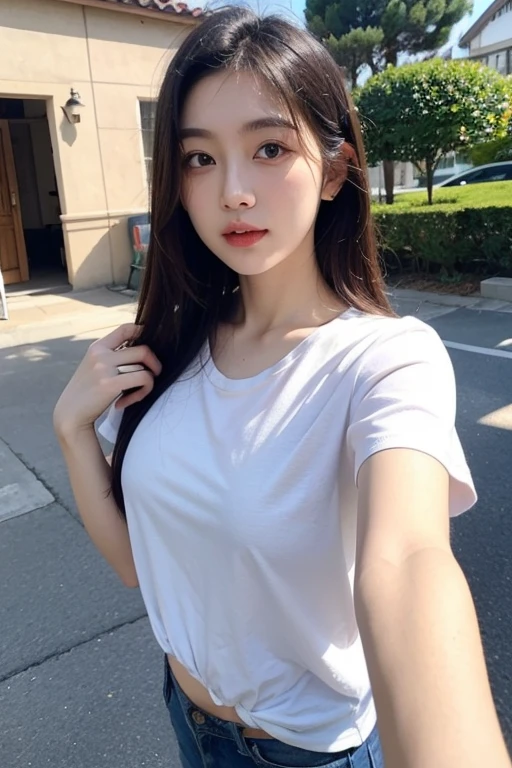 ((Highest quality, 8ก, Masterpiece: 1.3)), Sharp focus: 1.2, Beautiful women in perfect style: 1.4, Slender stomach: 1.2, (หน้าอกbigโต, Breast augmentation, เต้านมbig, Chest overflows shirt), ((dark brown hair, big: 1.4)), Angel Face, detailed face, beautiful girl, cute, Short T-shirtสีขาว, Short T-shirt, Short denim skirt, Short denim skirt, Short denim skirt, during, Waikiki Beach: 1.2, palm tree, (front shot), (full length photo: 1.3,), Highly detailed facial and skin textures, Detailed eyes, Double eyelids