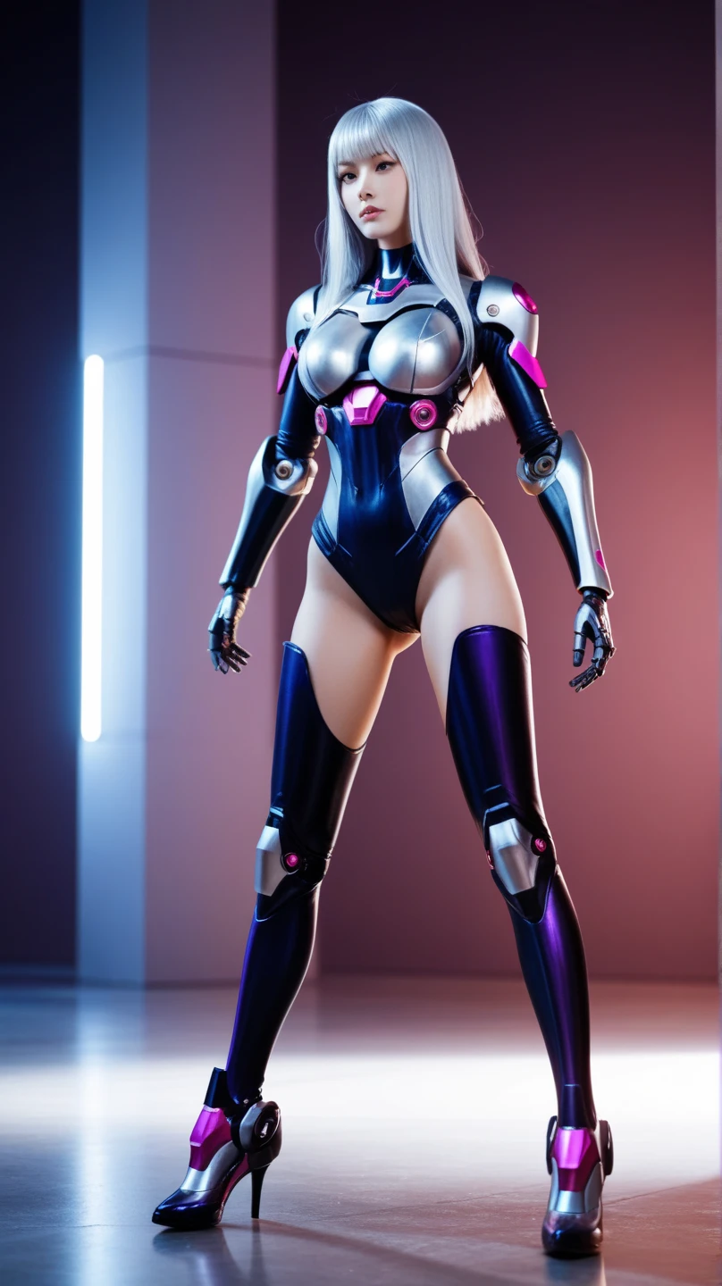 A beauty girl with black hair, (HYPER-REALISTIC:1.5), (PHOENIX GOLD HELM:1.1), (BIGGER BUTTOCK,HUGE FAKE BREAST:1.5), (CLEAVAGE:1.5), (BARE MUSCLE ABS:1.3), (MECHA GUARD ARMS:1.1), ((MAGENTA SHINY FUTURISTIC MECHA BODY, BLACK MECHA SKINTIGHT LEGGINGS, WHITE MECHA GUARD ARMOR LEGS, HIGH HEELS:1.5)), (MUSCULAR BODY, WETS SWEATY SKIN, LONG LEGS:1.1), (LOOKING AT VIEWER:1.3), (female focus:1), (WALKING IN HALLROOM OF FUTURISTIC SPACE STATION:1), (BRIGHT LIGHT WHITE_ROOM:1.3), HYPER TEXTURE, 4X MSAA, UNREAL ENGINE RENDER, PHYSICALLY-BASED RENDERING, ULTRA HIGHT DEFINITION, 16K, 1080P.