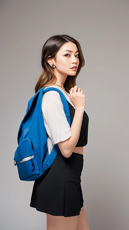 (High resolution 8K),( highest quality), Very detailed, (masterpiece:1.3), Realistic, Very detailedなかわいい女の子,( Age 25),((Nature landscape photography;Mountaineering)), (From the whole body に the にes:1.3),(Side Shot:1.3),(Cowboy Shot:1.3),(Natural pose),(Ample breasts),(Big Breasts),(Big Ass),(Smiling for the camera),( Smiling while looking at the camera ),(Full Body Shot:1.3) ,((From the side 1.3),(ponytail),(phoにRealistic:1.3),((White crop top:1.1)),((White fabric shorts)),((holding a single-lens reflex camera in hand)),(Mountaineeringに最大限に活用できるハーネス),((Big blue backpack))