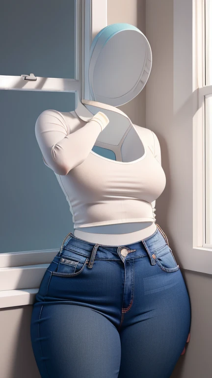 masterpiece, best quality, 1girl, solo, invisible, dark blue jeans, white shirt, turtleneck shirt, sleeveless shirt ((((no humans)))), (headless), faceless, empty clothes, anime, curves, focus on breasts, closeup on breasts, zoom on breasts, medium breasts, visible_nipples