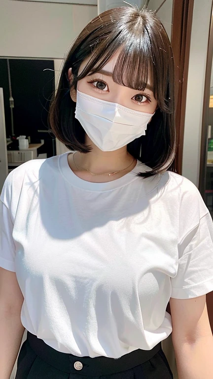 medium shot,living room, japanese lady, pale skin, droopy eyes, 20 year old, bowl cut hair, ((white t-shirts,lowrise blue denim shorts)), ((sitting on the sofa)), high quality:1.3, shoot from below, Professional lighting:2.0 realistic:1.2, 4k resolution, detailed skin, masterpiece:1.1,smile,(tanned skin:1.3),(sunburn tanlines:1.3),(athlete:1.2),(no bra:1.3),(braless),((wearing white mask)),(model pose),(mask_pull:1.2),