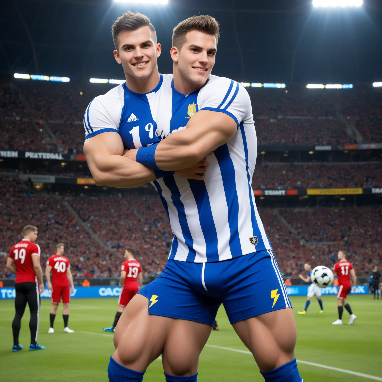 full body view, two european white boys with clean shaved undercut haircuts, screaming , prisoners in a huge cage, wearing soccer jerseys, soccer shorts, in their white filthy soccer socks, no shoes, in a huge dark room looking like an abandoned garage, their white socks look very dirty, no shoes
