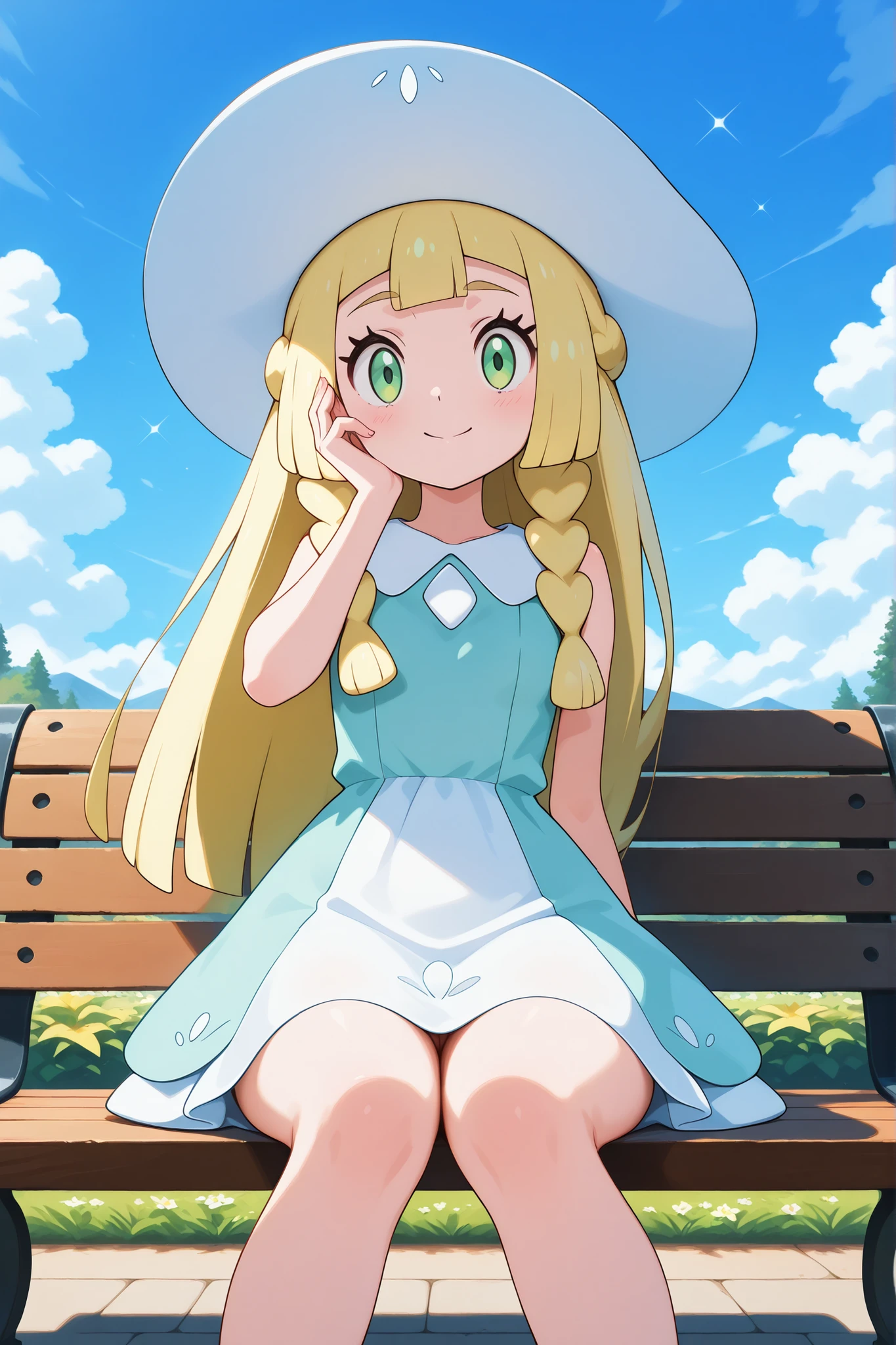 Best shadows, beautifully decorated sparkles, art style, ultra-detailed, best quality, amazing quality, very aesthetic, very high resolution, uncensored
Lily (Pokemon), side-by-side blonde hair, blunt bangs, green eyes, long hair, braids, collared dress, dress, gradient shirt worn by Hulakan, sleeveless, sleeveless dress, sun hat, white headdress,
Outdoors, sitting, bench, sky, cloud sky, smile, hand on own cheek, looking at viewer,, masterpiece, amazing quality, best quality, ultra-detailed, 8k, illustration, CG, anime coloring,