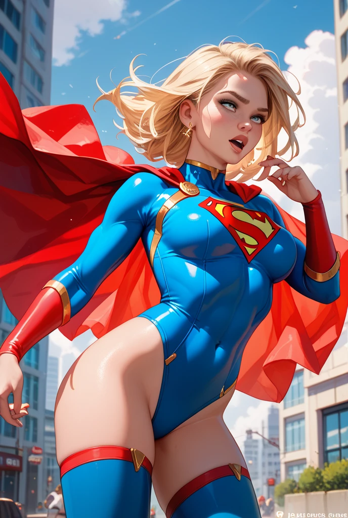 Beautiful woman short hair defined body big breasts, big thighs wearing a Supergirl cosplay