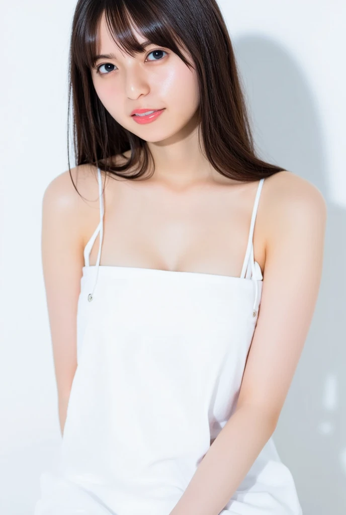 a pretty girl, 25 age old, 独奏, street frontage,behind your arm, 3/4 lenses, Young sexy gravure idol, medium boob,Young and beautiful gravure idol, actual, Best quality, Instagram, exposed bare shoulders, Wear a white suspender, random hair style,No cleavage