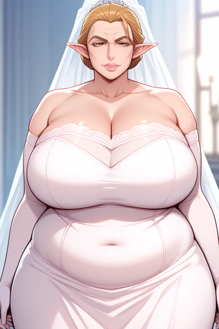 Masterpiece, 1 girl, redhead, huge breasts, wide hips, freckles, green eyes, big breasts, round ass, wedding dress, slutty, smile, joyful, cute face, flirting