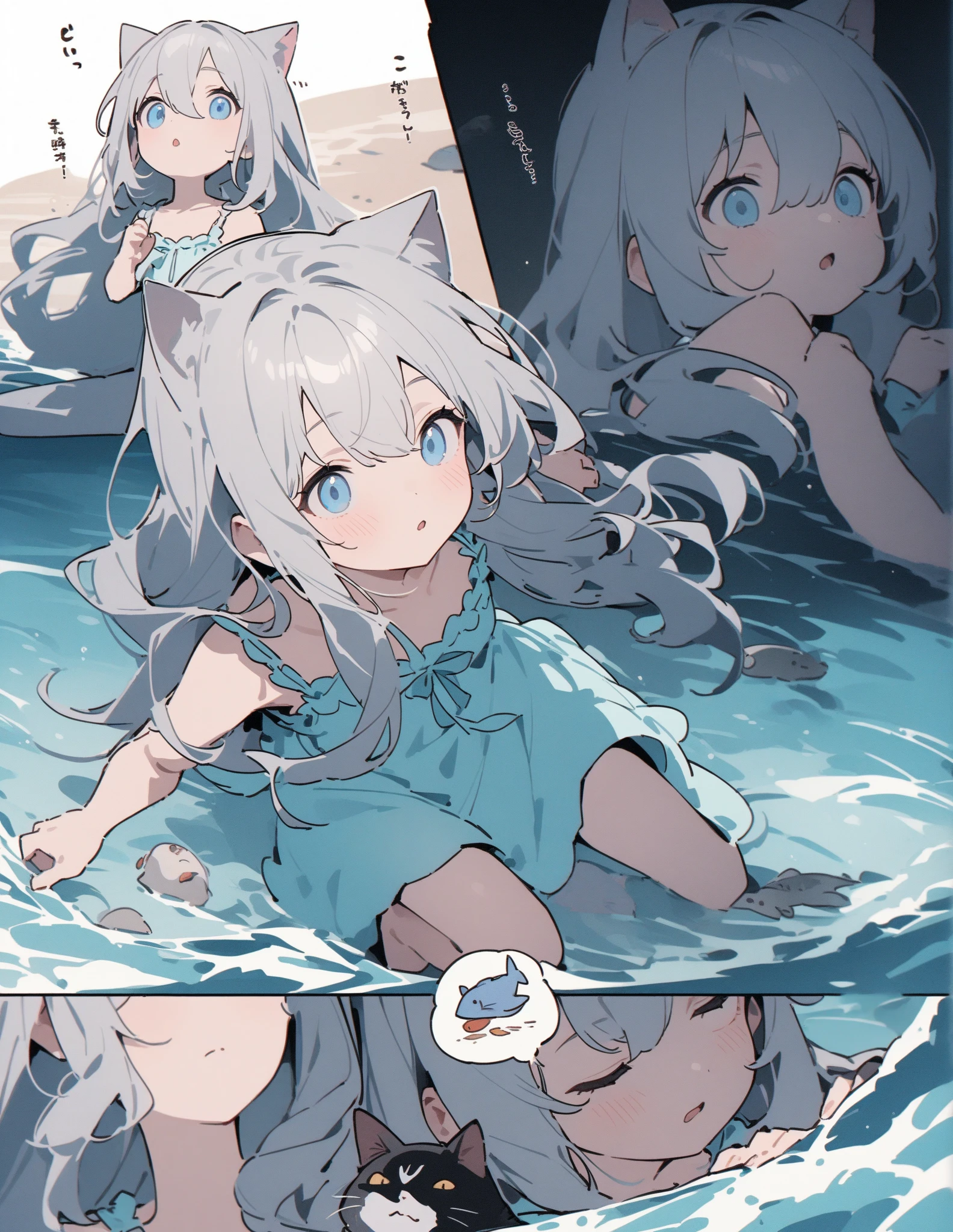 Anime humanoid girl with wolf features with ears and tail with gray hair wearing a swimsuit or bikini smiling, the girl full body and immersed in the water as if swimming
