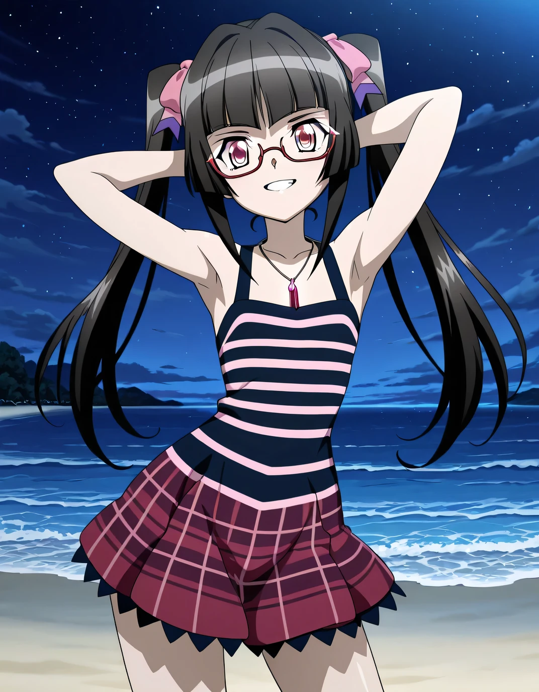 shirabe, anime screencap, anime art style, senki zesshou symphogear, twintails, crimson eyes, black hair, long hair, twintails, jewelry, pink eyes, necklace, blunt bangs, 1girl, shiny hair, striped dress, adjusting eyewear, glasses, necklace, lydian, tie, plaid skirt, anime coloring, official art, high quality, closed mouth, solo, cowboy shot, night sky, beach, armpits, (hands behind head), ((contrapposto)), looking at viewer, grin, best quality