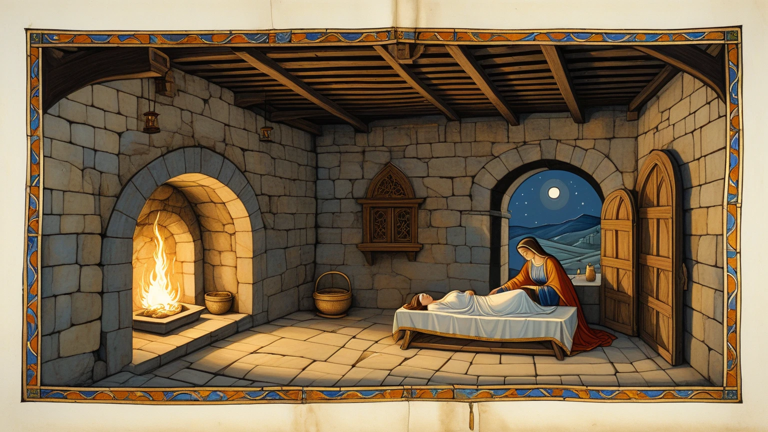 **Scene Description:**
A cozy, modest cabin interior with rustic charm, bathed in soft, warm light. The focus is on a straw bed where Rayto, a young man in slightly worn but decent clothes, is lying peacefully. His eyes are closed, and his expression is serene, as if he is dreaming of pleasant visions sent by Zeus. The cabin’s walls are made of rough-hewn wood, and there are a few simple, handmade furnishings and decorations scattered around.
**Characters:**
1. **Rayto**: A young man with a calm demeanor, lying on the straw bed. His clothes are simple yet relatively intact, showing signs of wear but still decent. His face should convey a mixture of peace and longing.
2. **Adrastia**: A woman with a look of gentle concern and empathy. She is approaching Rayto with a soft, reassuring expression, her posture indicating she’s about to speak to him. Her attire is elegant and reflects her divine nature.
3. **Eos**: The goddess of the dawn, standing near the entrance of the cabin. She has a radiant, ethereal quality with a luminous aura. Her attire is flowing and bright, representing the morning light.
4. **King**: A regal figure standing outside the cabin, observing. He is dressed in royal attire, looking thoughtful and intrigued.
5. **Artemis**: Positioned just outside the cabin, alongside the King, engaged in conversation with him. Her attire is typical of a huntress, practical yet noble.
**Atmosphere and Lighting:**
- The lighting should be soft and warm, with a natural, serene glow coming from a nearby window or an implied sunrise.
- The overall atmosphere should convey a sense of peacefulness and introspection, with a hint of divine presence.
**Additional Elements:**
- Include details like a small, modest table with a few simple items, a couple of chairs, and a humble fireplace or lantern for light.
- The cabin’s interior should have a lived-in feel, with small personal touches