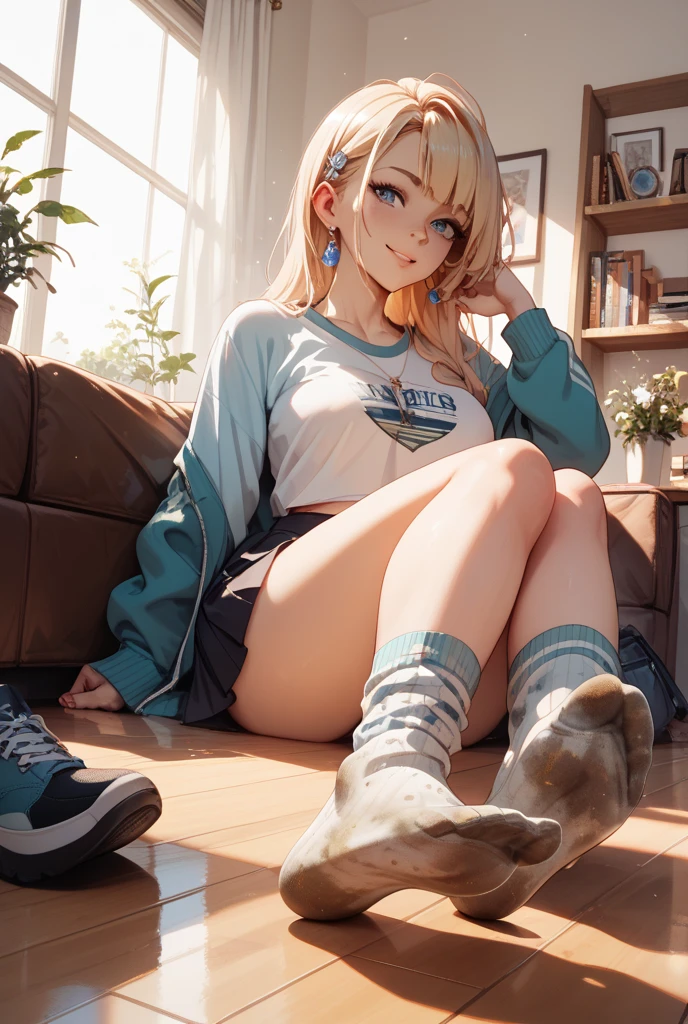 (masterpiece:1.2), (best quality:1.2), pretty young woman, long tousled white hair with a pink line, pretty blue eyes, long-sleeved dark blue sweatshirt, long jeans, shoes black sports shoes, (natural body), medium breasts, natural curves, cute butt, in front of the apartment door with a suitcase and backpack, looking at the viewer with serious and cute eyes, (NSFW filter)