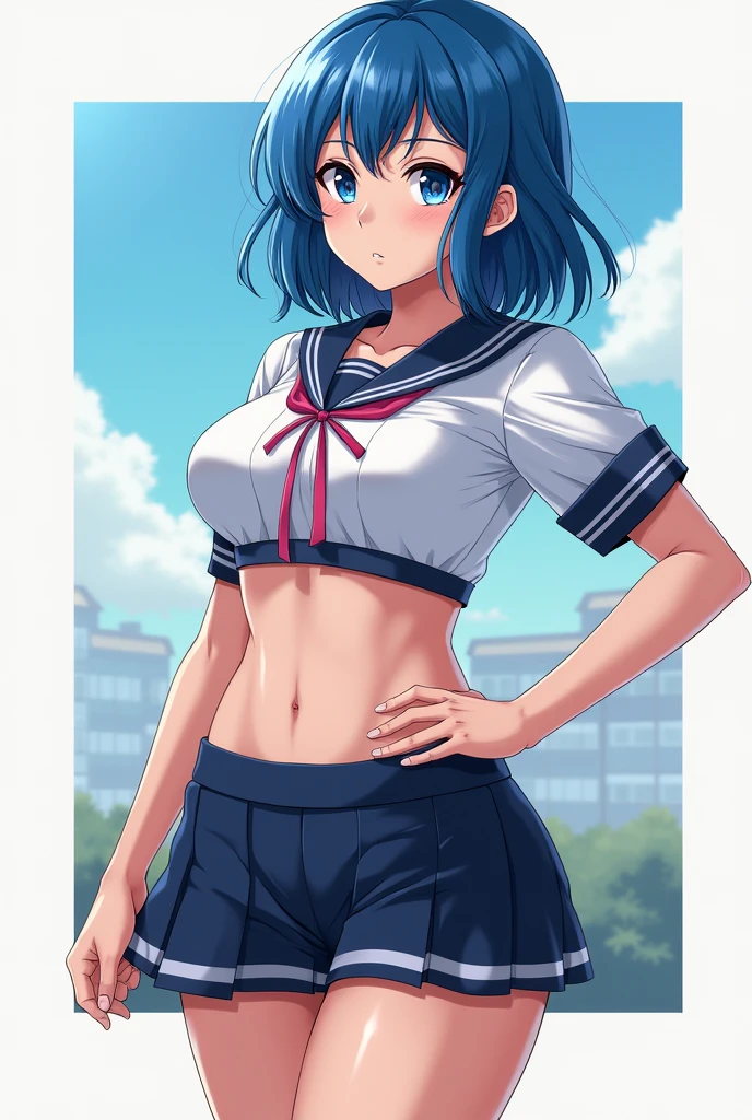 (cabello despeinado), (illustration), retrato, (fondo de ciudad futurista), (arms behind back), Cintura delgada, gran sonrisa, ojos detallados, abdominales fuertes, chica delgada, strong abs, muscle girl, front pose, big thighs, focus on face, big nude chested, large city background, blue hair, sailor uniform, skirt, sit on rock, heavy armor suit, mecha musume, mechanical parts, robot joints