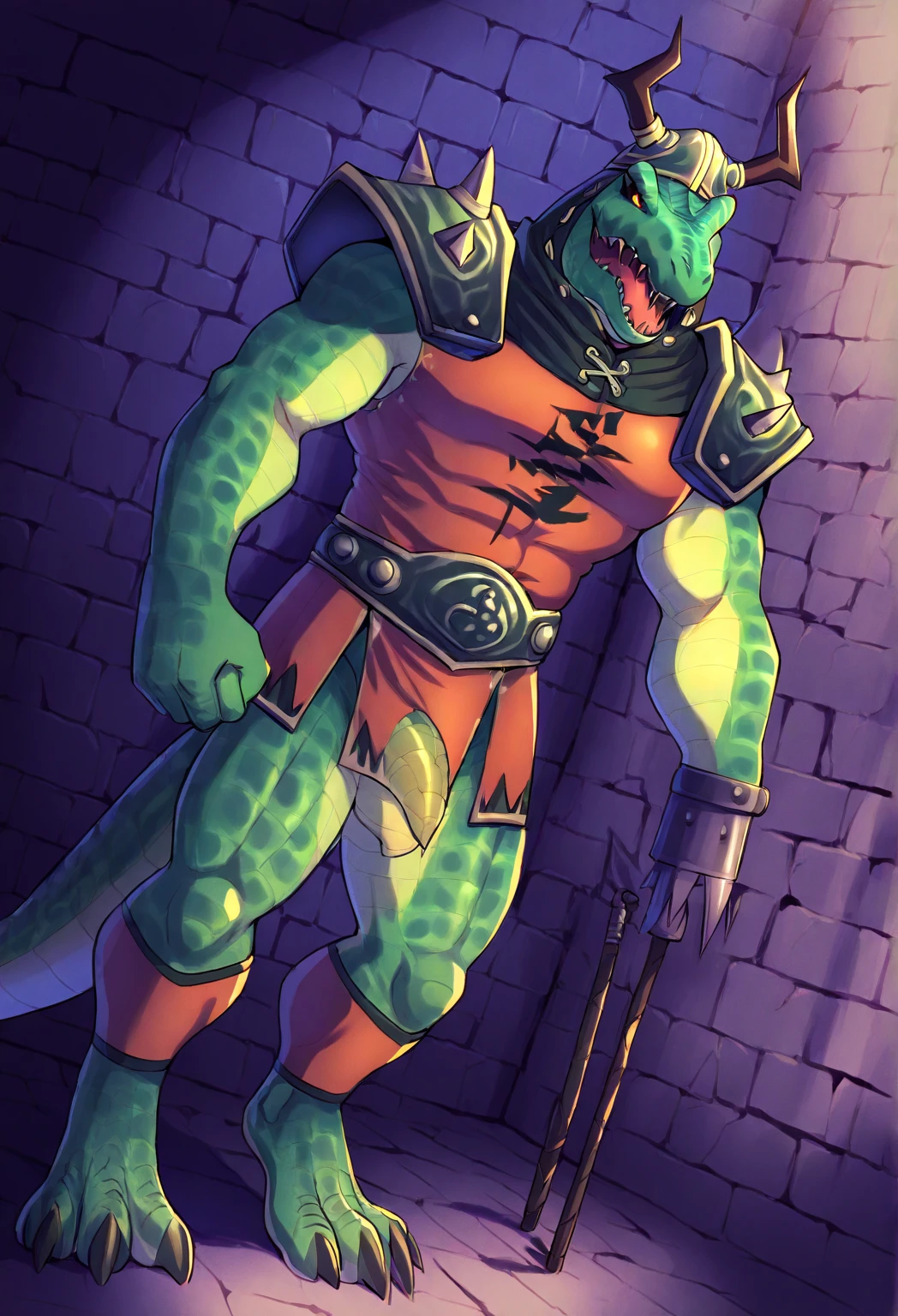 Solo Sexy young anthro scalie dragon male mercenary medieval solider, slim endomorph muscular, anthro handsome gay shorter muzzle, handsome gay model male apperance, sword scars, worn out leather skimpy armament, low on hips heavy leather belt, old very worn out skimpy dirty linen material jockstrap, old yellow dirty worn out stains on white sawn jockstrap, very visible "x" brown seam pattern on the jockstrap, studded skimpy armlets breastplate armor, skimpy breastplate, red husk, leather bondages, fingerless leather gloves, smelly unwashed husk, dirty body look, desert battlefield, standing in sexy victorious position over me, dirty playfull grin, close view of full character from bellow, view from ground under his jockstrap