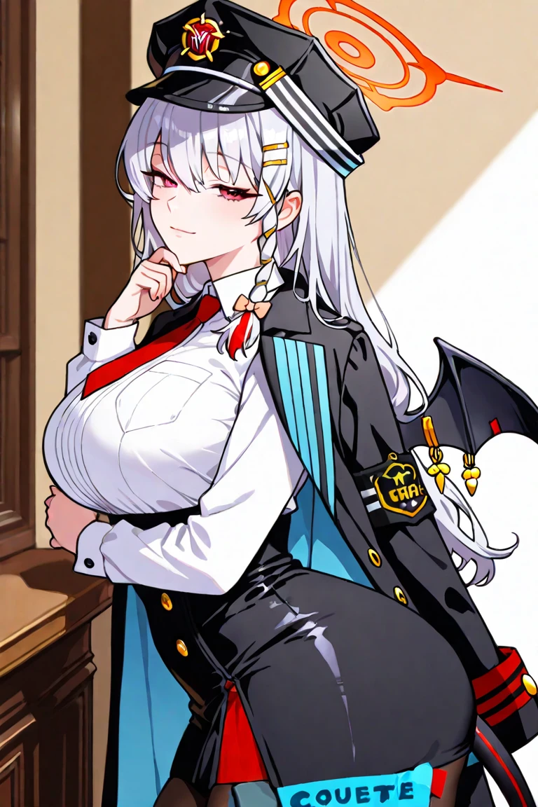 High detailed, 1 girl, busty, black hair, white hair, multicolored hair, extremely large hair, yellow eyes,  busty, firm plump body, white shirt, , deep cleavage, Juliet sleeves, pencil skirt, black thighhighs, white gloves, tall, smiling