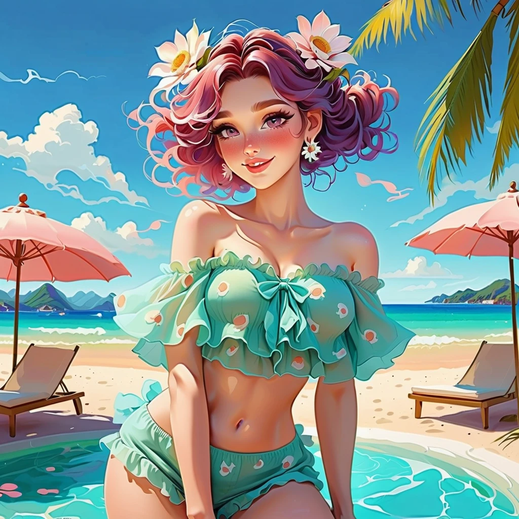 A beautiful woman standing in a busy street with pink hair green eyes and summer dress