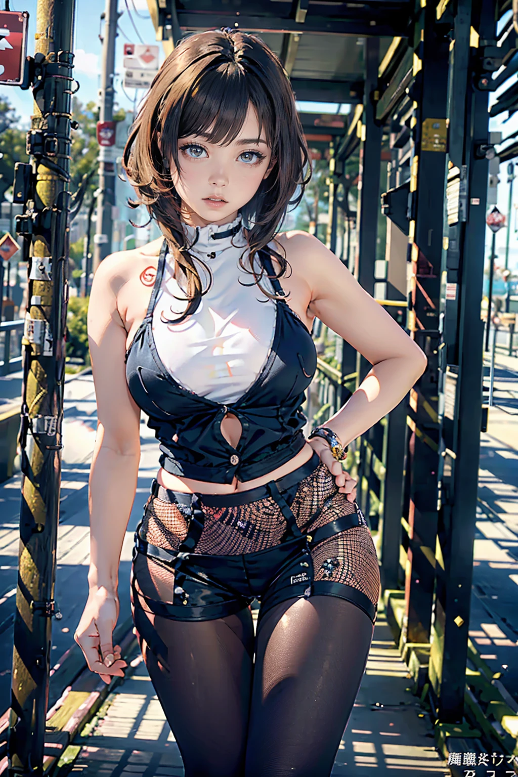 1girl, unzipped leather bodysuit jacket, navel, detailed face, looking at viewer, short shorts, frills bra, thighs,