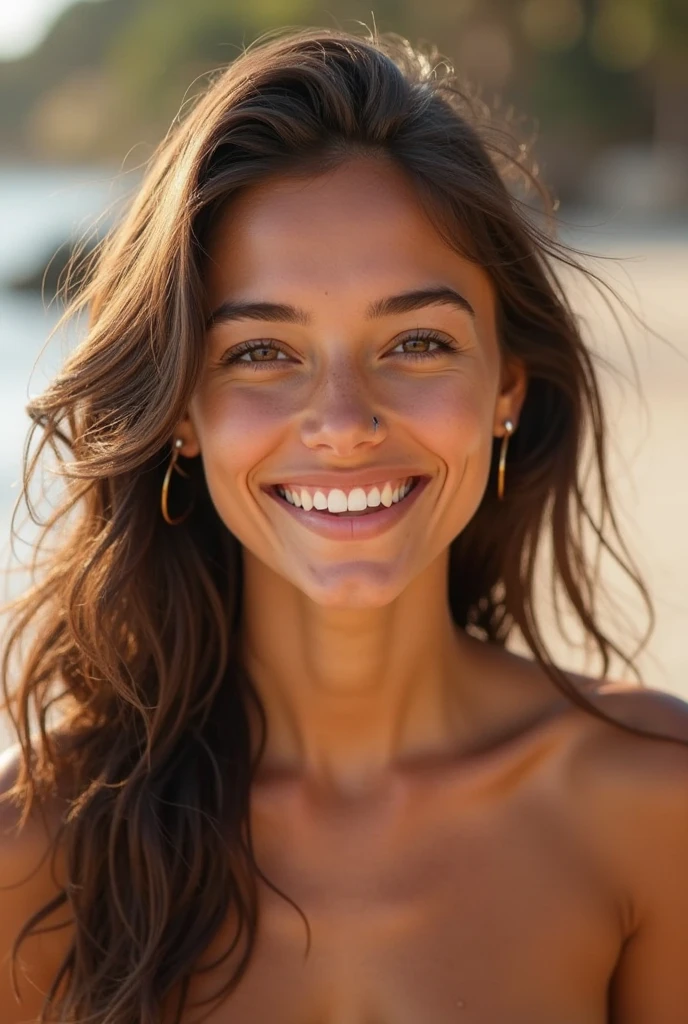 Create an image of a young woman, appearing to be in her early 20s, with a slender and athletic build, conveying a balanced and healthy physique. Her face should be oval to slightly heart-shaped, with soft, gentle curves. She should have a medium tan skin tone with warm undertones and a natural glow. Her hair should be long, dark brown (like a rich chocolate brown), reaching past her shoulders, with soft, natural waves or curls that give it a loose, beachy texture. The hair should be parted naturally, possibly slightly off-center. Dark eyes (deep brown or hazel) should convey a bright and engaging look. Her eyebrows should be well-defined, naturally arched, and of medium thickness, matching her hair color. Her nose should be small to medium-sized and subtly shaped, without any piercing. Her lips should have a medium fullness with a natural pink or nude color and a slight bow. She should have a wide, genuine, open-mouthed smile that reveals white, even teeth and reaches her eyes, causing slight crinkling at the corners. Her cheeks should appear slightly rounded and lifted due to her smile. Her jawline should be softly defined, not sharp. She should be wearing small, simple hoop earrings (gold or silver colored). The focus should primarily be on her face and upper body. The clothing can be generally suggested to fit a beach setting but does not require intricate detail. The overall lighting should be soft and warm, suggestive of golden hour, enhancing her features with gentle shadows.