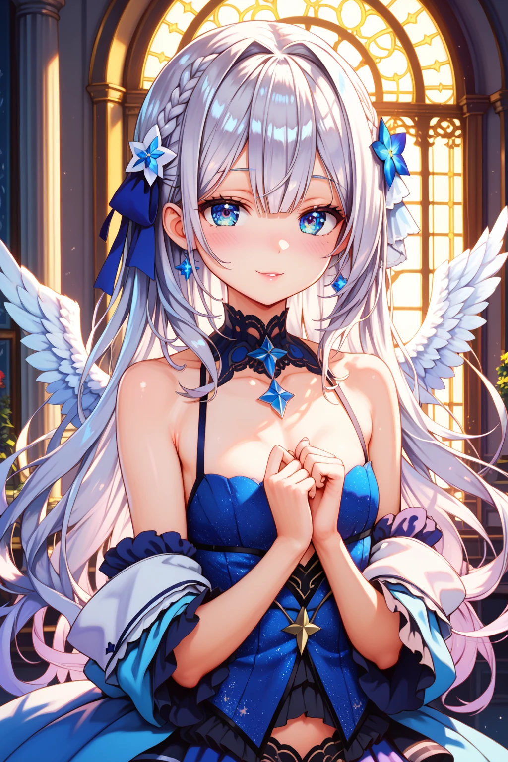 (masterpiece), best quality, expressive eyes, perfect face,1girl,furina,genshin impact,palace,night,castle wall,mirror,big breasts,blush,cleavage,angel,white wings,cowboy shot,strapless idol dress,bare shoulders,detached sleeves,navel,cute top,cute fluffy skirt,layered skirt,showgirl skirt,happy,excited,spoken heart, feathers,white feathers,cute pose