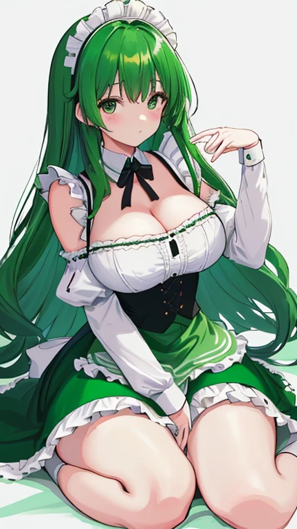 A green haired girl with purple eyes and an hourglass figure in a green Lolita dress is taking a selfie in a museum