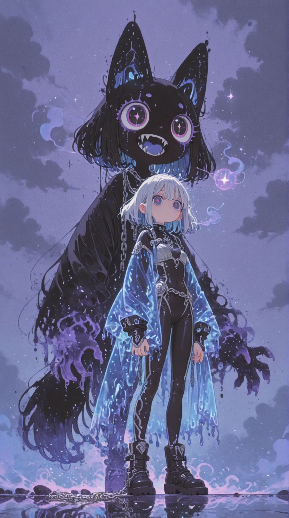 (Big Eyes:1.2)An enchanting female nightmare hunter standing in the dark, she's tight , A black bodysuit engraved with iridescent silver trim, boots that are armored up to the thighs, And flow, transparent cloak like smoke. her sharp eyes glow purple, her hair flows like ink in the air. she has a shining March Moon blade in one hand, and her other hand releases a spiritual chain to the nightmare beast. A majestic wolf with sparkling blue stripes and fierce eyes wanders around that side, showing protection by peeling fangs.
The background is a distorted dream world with shadow monsters swirling. Pale moonlight shines through dark clouds, mystical light fills the scene. The composition is cinematic, and chaos swirls there.
very detailed, super high resolution, 8k, Clear Focus, voluminous lighting, Faint Fog , Reflective Surface, soft outline light on the character's edge.
Art Style: A semi-realistic anime with cinematic fantasy aesthetics.
Color palette: Deep purple, Midnight Blue, spectral silver, shining magenta and cyan accents.
feeling: Mysterious, narrative poem, dark and enchanting.