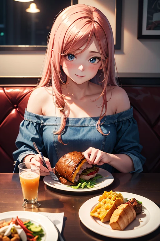 Chica anime con pechos grandes comiendo una hamburguesa y papas fritas., chica anime atractiva, Chica seductora anime, estilo anime 4k, anime moe art style, mejor fondo de pantalla de anime 4k konachan, Fondo de pantalla animado 4K, detailed arte animado digital, comida animada, con papas fritas, anime girl drinks energy drink, linda chica anime, realistic anime art style, arte animado digital, comiendo hamburguesas (PINK HAIR) (ETHEROCHROMIA EYES) (EYES OPEN) (CUTE GIRL)