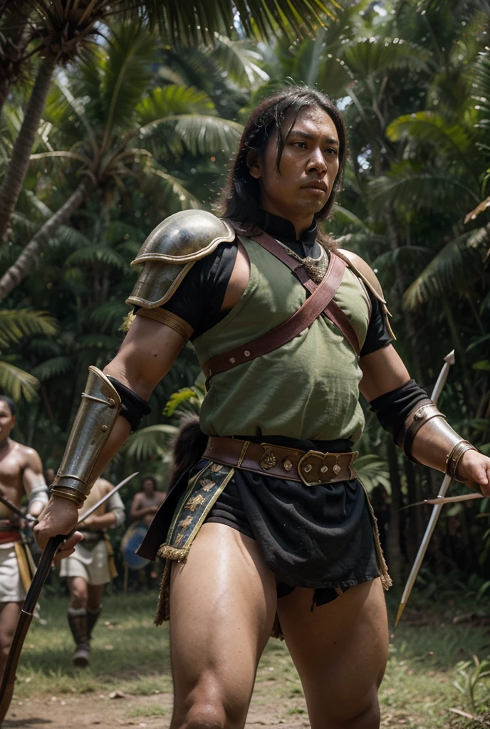 Filipino warrior holding a sword in a rain forest 