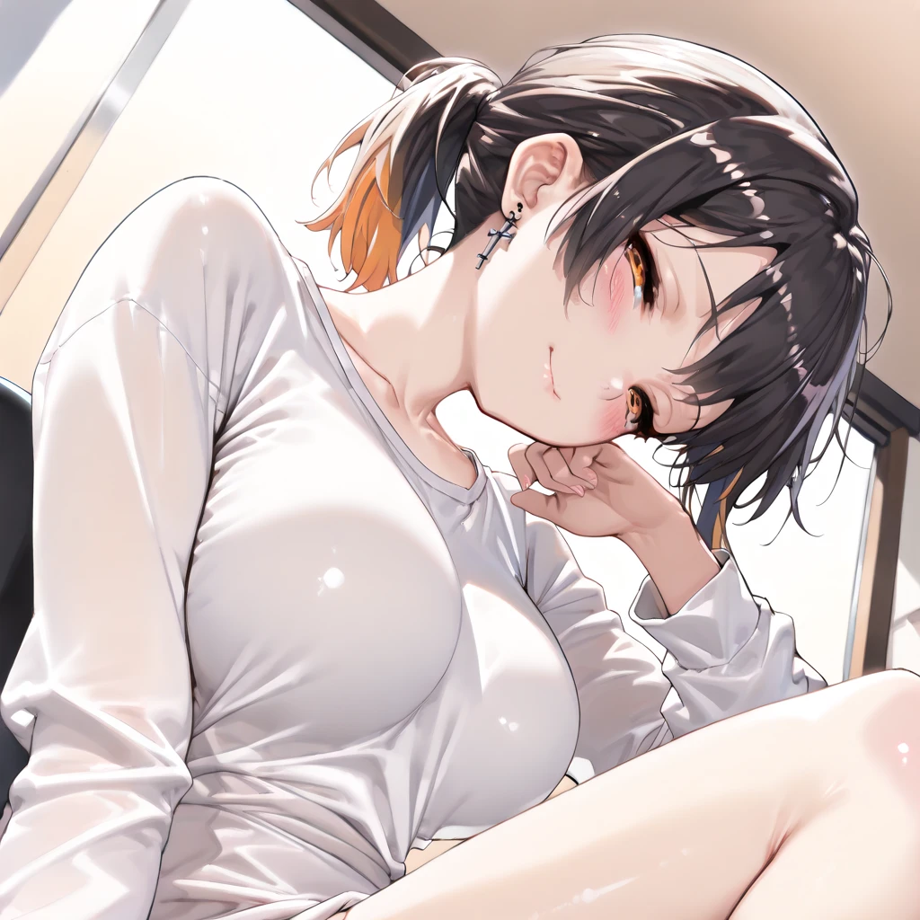 amamitsuki, nsfw, masterpiece, short hair, 1 ear exposed, low ponytail, 1 girl, erect nipples, intricately detailed, topless, navel, hair bandana, bare shoulders, necklace, erect nipples, puffy nipples, brown hair, dolphin shorts, window, bedroom, curtain, Blue sky, extremely detailed, cg masterpiece, bare breasts, nipples, green eyes, bare stomach, side swept bangs, sweaty, medium breasts, arm strap, pale skin, smiling, flat colored, woodblock painting style