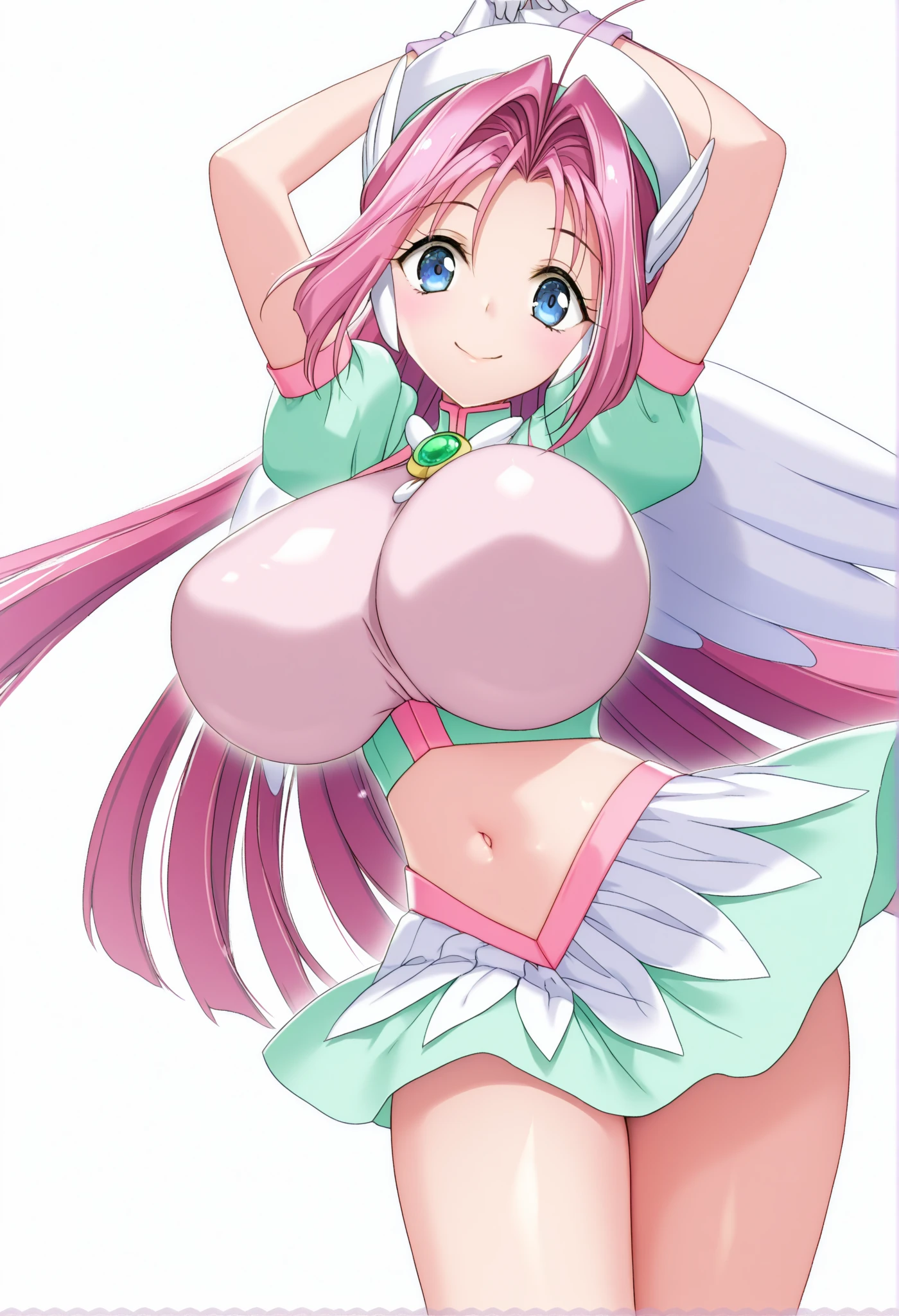 Ikaros, pink hair, esmerald eyes, angel wings, bare shoulders, broken chain, chain, cleavage, collar, collarbone, feathered wings, navel, pink wings, pleated skirt, red ribbon, ribbon, robot ears, skirt, thighhighs, white skirt, white thighhighs, wings, zettai ryouiki, ilustration, (1girl:1.4), (masterpiece, best quality, glowing light, glistening, shiny skin, ultra detailed), (perfect face, detailed face, detailed eyes,perfect hands,perfect fingers), (medium breasts, blushed), (mature female:1.4),cowboy shot,thicc), short hair, (((gradient hair))), paradise background, ((8k wallpaper))