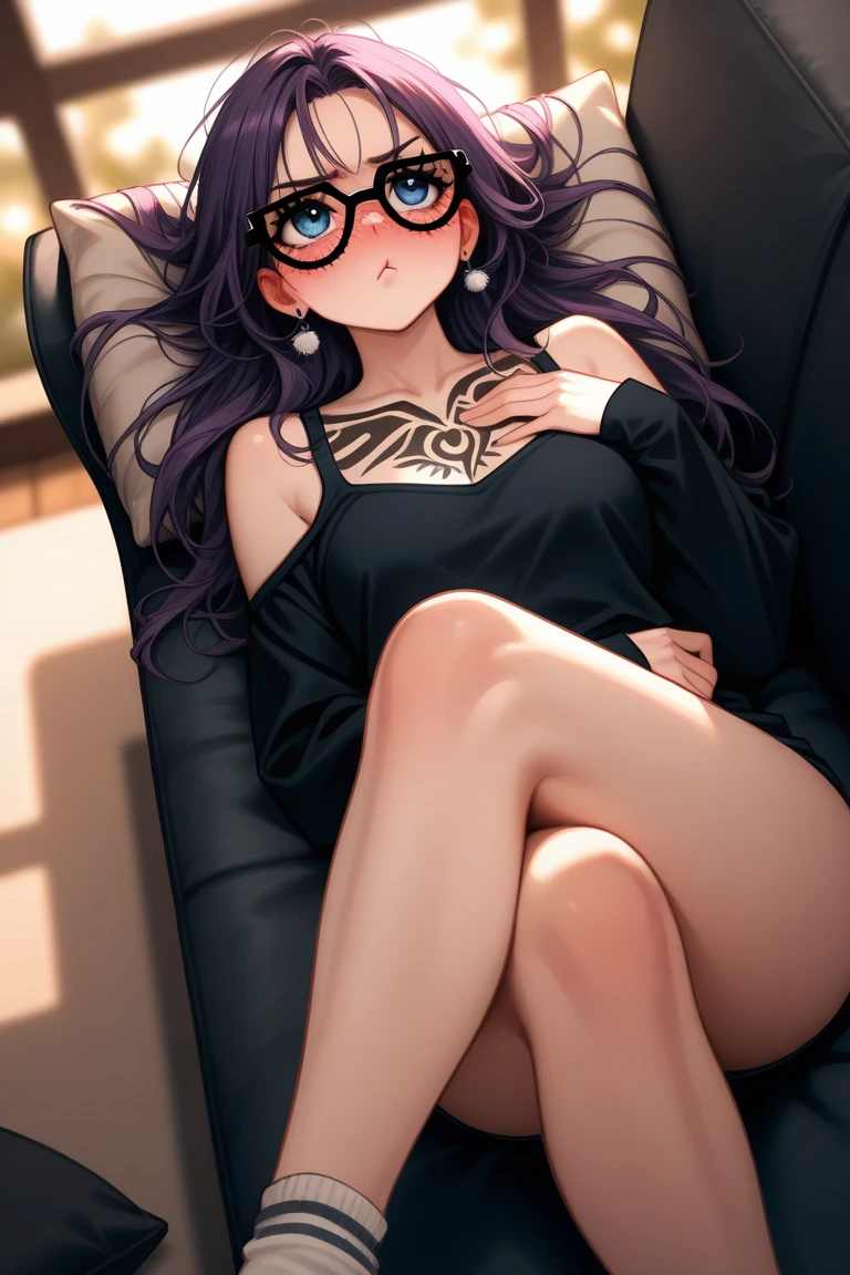 Cute sexy nervous woman with thick long messy curly purple hair with sun glasses and glasses with tattoo blushing with bright earrings with thick thighs and big chest in a black bikini with butt out laying down on stomach on massage table blushing strongly playing with her hair with hand resting on arm