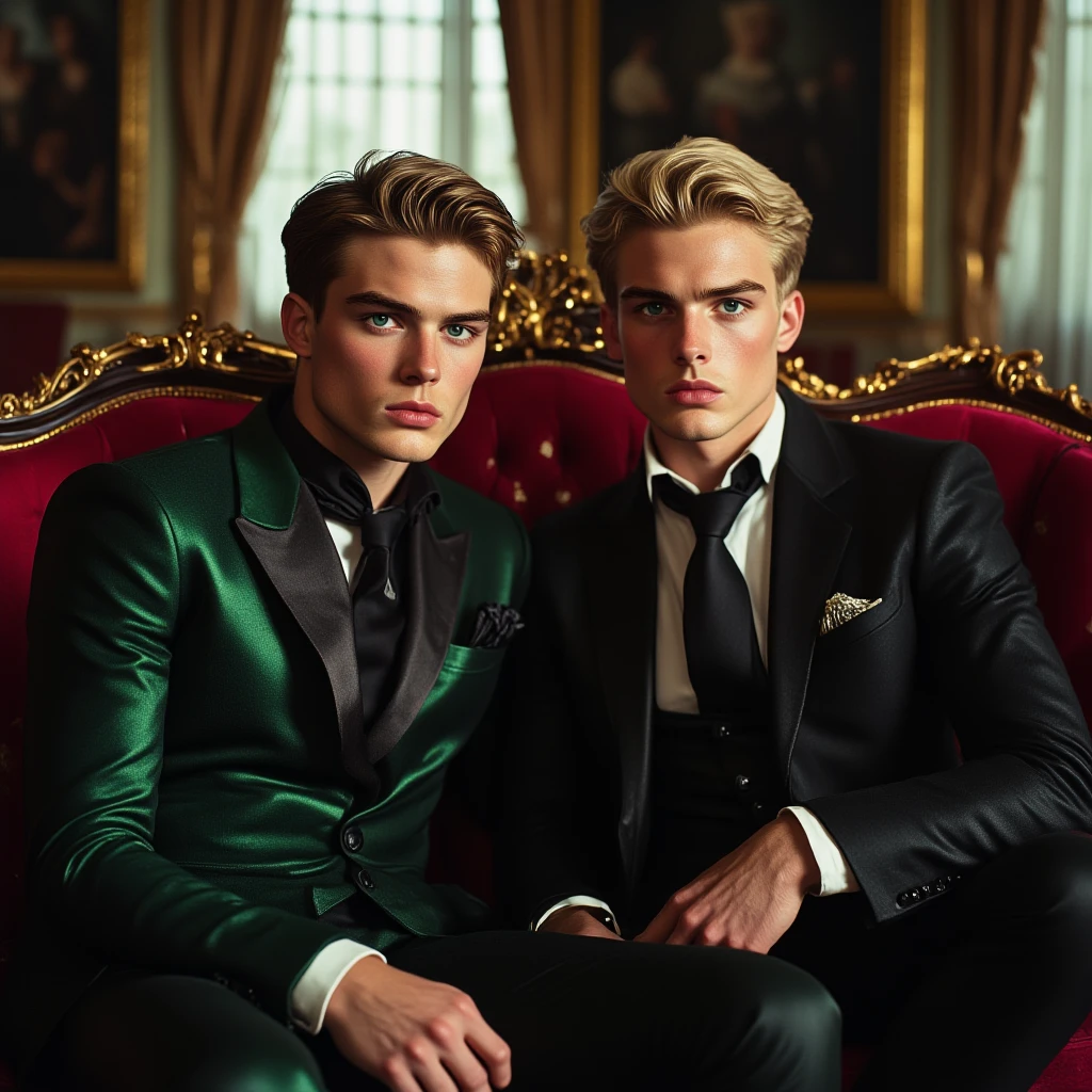 loid_forger, solo, looking at viewer, short hair, blue eyes, blonde hair, shirt, gloves, 1boy, sitting, jacket, white shirt, male focus, black gloves, pants, indoors, spread legs, open jacket, muscular, formal, abs, cat, suit, pectorals, big huge bulge, couch, green jacket, unbuttoned, green pants,