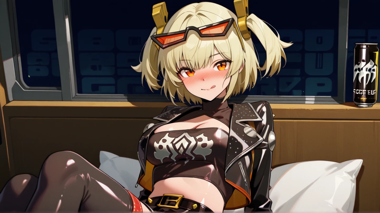 work of art, best qualityer, ultra detali, illustration, epic lighting, film composition, 1 girl, cute, red sclera,red pupils, cyborg, tatoo, hair green, colored fur, breasts small, Black jacke, standing, legs apart hands with black gloves with yellow details, lovely gaze, captivating pose, trunk:1.1, gazing at viewer, pretentious smile, cloused mouth, plein-air, citys, cyber punk, neon lights, Street, (natta, tenebrosa, tenebrosaness, tenebrosa como breu, eyeshadows:1.4), (8K:1.1),  