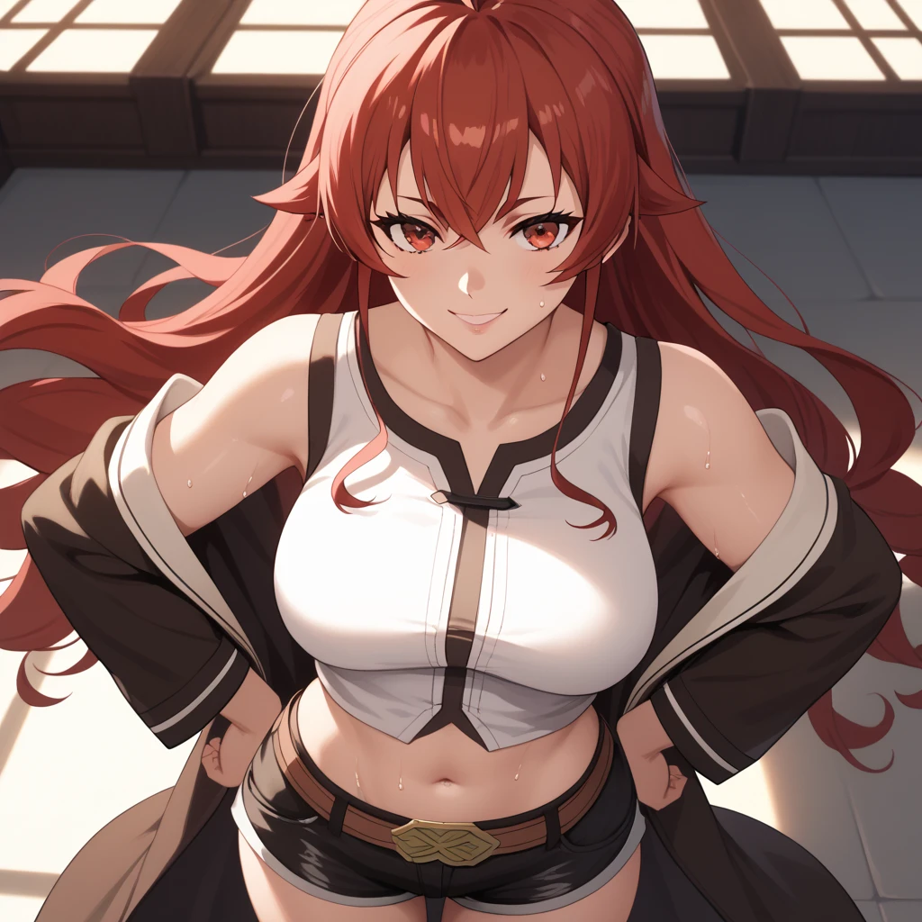 1girl, [vesta_harem], BREAK (dual_wielding:1.2) AND (huge_sword:1.2) AND holding_sword, [red eyes], [red_hair : red hair : 38], [[[large breasts]] : BREAK (large breasts) : 36], (white_dress), sleeveless, cleavage, navel, [[[short_dress]]], side_slit, red_trim, red_pants, oversized_belt, armband, [[vesta_harem AND spiked_arm]], masterpiece, highres, BREAK (dungeon:1.6), (hallway:1.4), stone, [[candle]], shikidouji, dark, cold, (night:1.6), BREAK blue_background