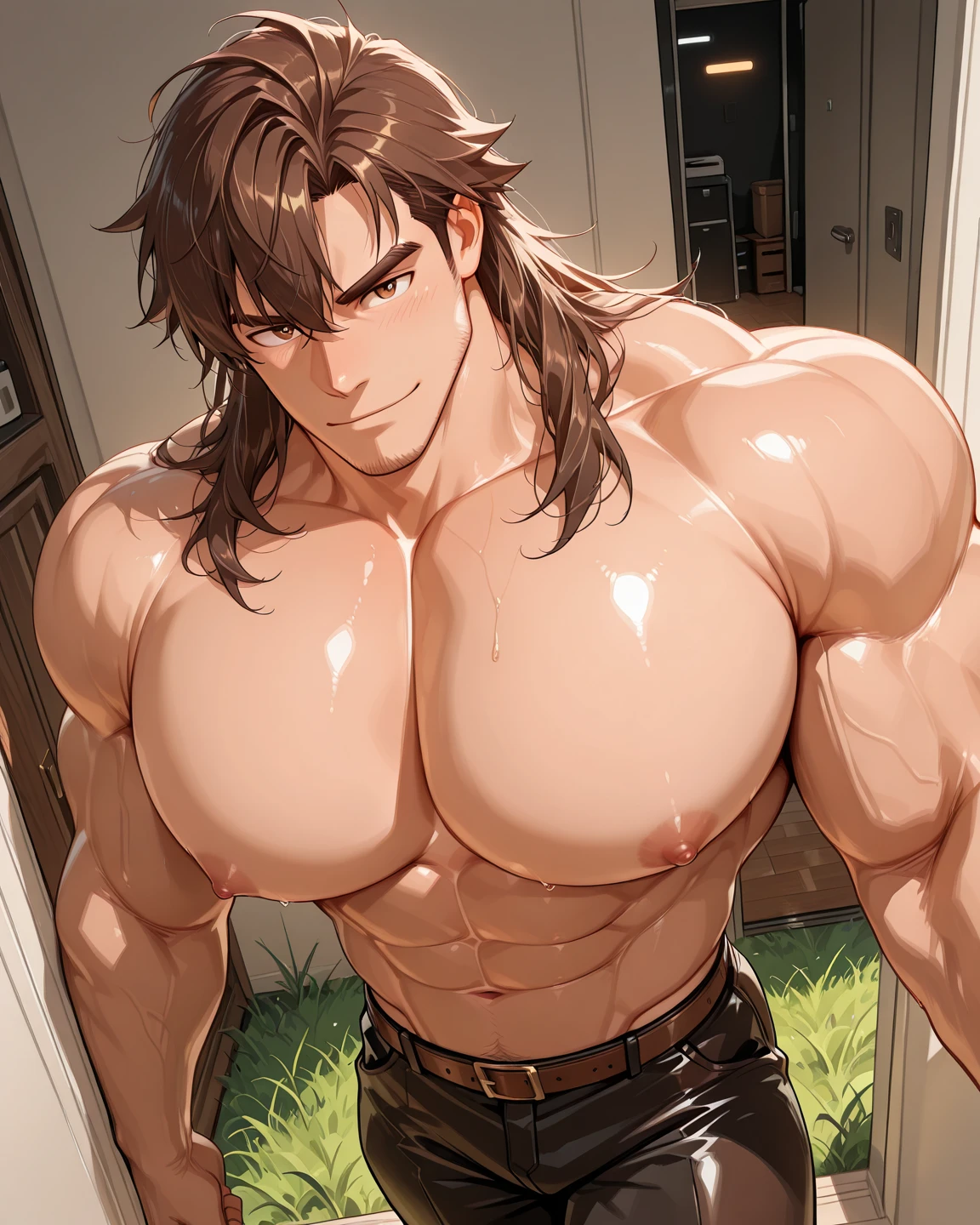 Conan Exiles Style, standing front, ((((FRONT))))), (((SHIRTLESS))), (((TOPLESS))), (((HANSOME))) young bodybuilder warrior (16 years old) beardless (young face) ready to fight, top rated pixiv, shirtless, 160 kgs, front view, even shoulders, perfect massive muscles, inflated muscles, massive muscular body, a huge gigantic chest with a narrow waist, huge shoulders, ridiculously well-shaped large pecs, eight chiseled abs, arms thick as trunks and formidable thighs. (very toned, massive and huge) his ridiculously broad shoulders, absurdly wide back and indecently muscular back of arms and let's not forget his thick defined thighs. A muscular bull in the making. A potential competitive pro-bodybuilder. Mexican facial features, dark brown hair, hair moved by the wind, hair in a ponytail with bangs that fall over the forehead and on both sides of the face, white sclera, blue eyes (detailed eyes) big eyes, ((BLUE EYES)) and bull neck, narrow waist, barbarian, brown hair, ponytail hair, white sclera, blue eyes (detailed eyes), d&d character, brave warrior, human, handsome face, young rocky desert behind him, sunny day, rocky desert behind him, skill image, looking to the viewer, few clouds in the sky, breaking the fourth wall, face, breaking the fourth wall.