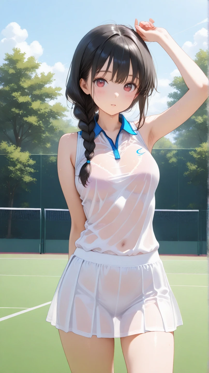 masterpiece, top-quality, Detailed details, Detailed landscapes, beatiful lights, Beautiful Shadows, 1girl in, 18year old,cheer girl、Embarrassing,Anxious look,look from down, Looking at the camera,detailed skin textures, Tyndall effect,Physical education sitting,cheer girl、Long unwound black hair、Sauce order、Small breasts