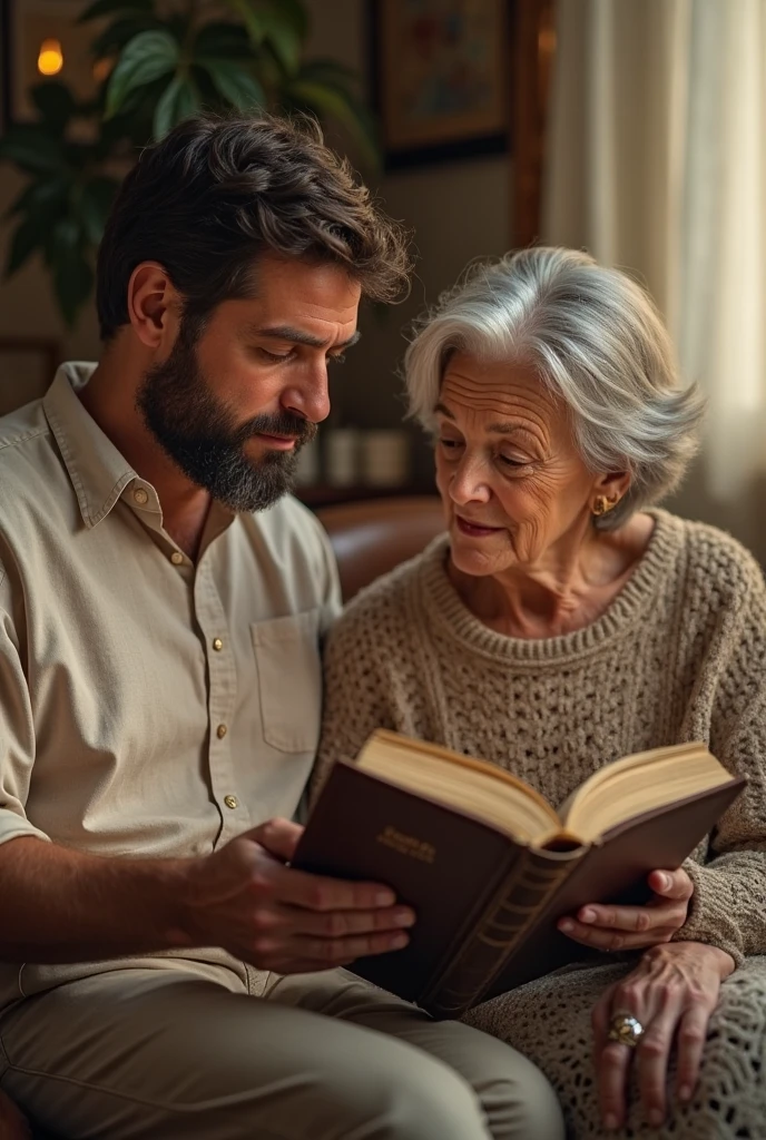 A  and their grandparent reading a book together on a comfy couch.