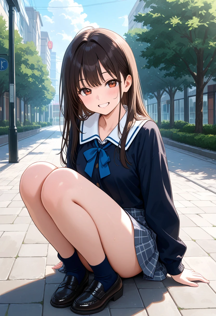 ((masterpiece, highest quality, High resolution, 超High resolution, pixel perfect, Depth of written boundary, 4k, RTX, human development report))), 1 girl, single, alone, beauty、see the whole body、 ((long hair, Short Liuhai, reddish brown hair)), ((blue eyes, beautiful eyelashes, realistic eyes)), ((detailed face, blush:1.2)), ((smooth texture:0.75, lively质感:0.65, lively:1.1, Anime CG style)), medium breasts, perfect body, smile, attractive way to sit, Brewing tea in a teapot, (The wind blows my hair,bare shoulders、expose her breasts) , It snows heavily at night、(((show panties:1.3)))、M-shaped spread legs:1.4 Finest, masterpiece, High resolution, (Full body diagram from head to toe), front, frontやや下からの構図, symmetry, 18 year old tall girl, alone, (whole body from head to toe), (small breasts), Unkempt brown hair,(White luxury lingerie), (sit with legs spread), (squatting pose), (Composition showing white panties), (her legs spread、I can see white pants.), (I was made to sit on the floor with my legs apart..),((((M-shaped spread legs:1.4))))
, thin legs, A very beautiful and tall 18 year old girl, (not wearing shoes), blush, shy big eyes, looking at camera, (((blazer uniform, plaid pleated skirt)))、((Vulgarity)),