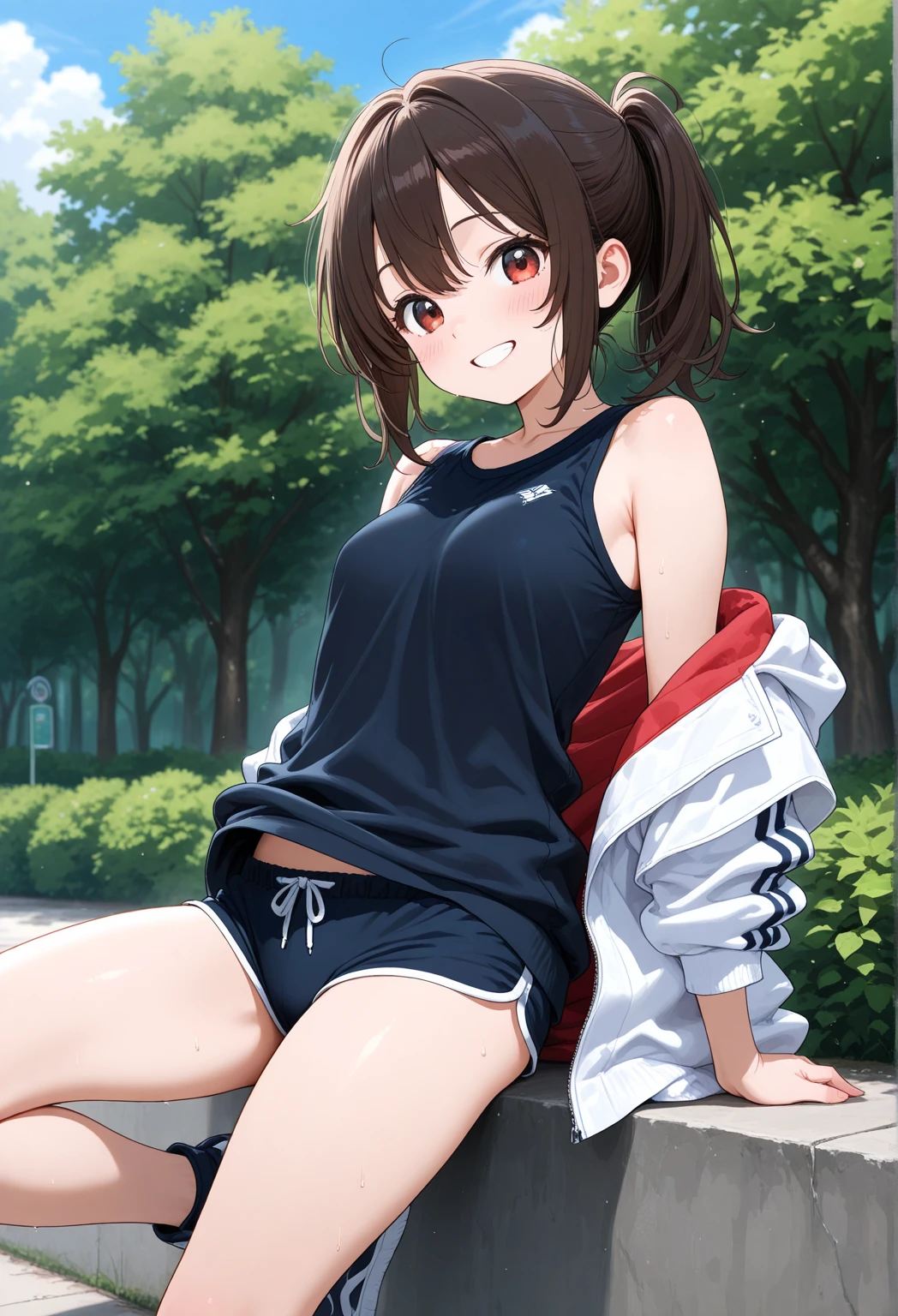 table top、highest quality、High resolution、1 girl、solo、short height、thin legs、shy smile、brown hair, bun hair, blue eyes, long twin tails, visor cap,( black tights), raglan sleeves, yellow shorts,shirt, pink ribbon, clock、outdoors、A photo of the subject viewed from the side、crawl on all fours、put your hands on the ground、10 years old、((loose-fitting shorts、panties sticking out of shorts、loose shorts、white Panties are visible through the gap between the yellow shorts、white panties))、super perspective、wide shot、up shorts