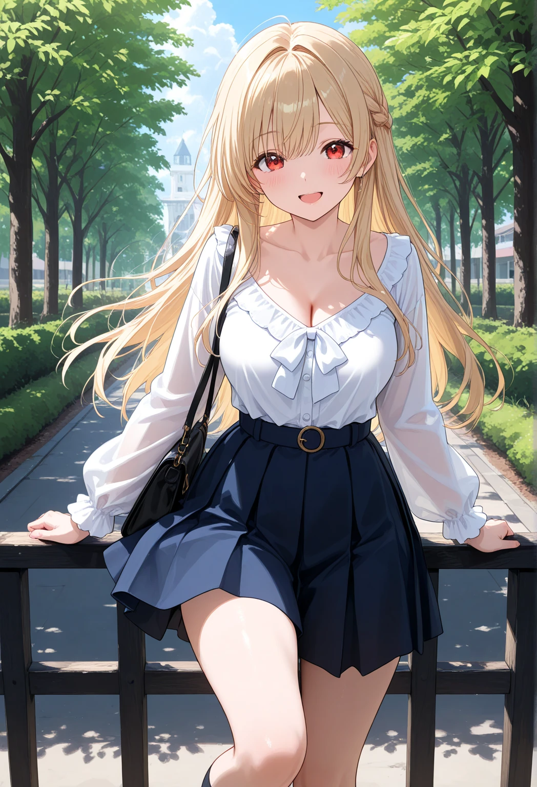 Ridiculous Resolutions, High resolution, (masterpiece:1.4), Very detailed, 1 girl,blue eyes, Long blonde hair,White Skirt, White handbag、pantyhose、street,Sexy pose, The camera is close to the body