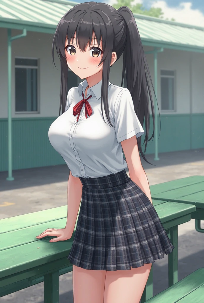 ((best quality)), ((masterpiece)), ((detailed)), (((perfect face))), (((slender 18yo teenage girl))), ((((medium breasts)))), ((((topless)))), ((((dark blue pleated skirt)))), ((dark brown hair)), ((short ponytail)), (((blue eyes))), ((shy:1.3)), ((blushing:1.5)), (((bare chest))), ((bare stomach)), ((bare shoulders)), (((bare arms))), (((walking))), ((((restaurant, tables, windows)))), (((walking))), (((shy arms))), (((girl looking away))), (((open front door))), ((((detailed background))))