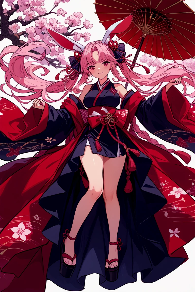 Un is a fair-skinned girl with dark gray mouse-rat ears and a tail with a red bow on it. She has turquoise eyes and fluffy pink hair worn in pigtails with sky blue bows and a white floral clip at her bangs.
She wears a white-to-pink gradient kimono with a white and pink Sakura flower print, magenta lining, and red bows and ribbon. Around her neck is a navy-blue band with red string and cotton balls attached to it. Around her waist is a dark blue floral band with a gold flower design and string of magenta. Her skirt is a black pleat with a white line on it, while on each wrist she wears a black band with red string. Her sandals are black and gold with a platform heel and red toe-straps. Around each of her lower leg is a white-to-pink gradient material with the same Sakura print to match her kimono, along with a red ribbon tied around the top. SPARKLE; GLITTER