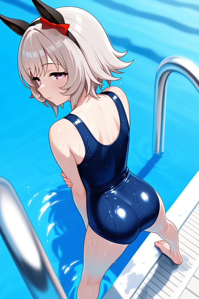1girl, trap, Slight crotch bulge, tiny girl, young girl, mesugaki, mesugaki smile, Boyish, long frilled SKIRT:1.2, swim suit, breasts, big ass, thick thighs, Teasing, naughty looks, heart eyes, Lower arm, A girl puts her hand on her crotch, tidy, Focus on the girl, glossy skin, oily skin, Gravure, pinup, junior idols, image video, Masterpiece:2, Top Quality, high Quality, Very Detailed, ultra High Resolution, super High Resolution, Beautiful Detail, Dynamic angles, perfect lighting, 8k, Animation Style, cartoon style, game cg, sfw:1.1,