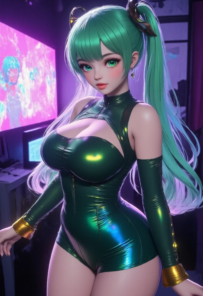 Girl with almost ,quadratic element,dual horsetail,Lori huge breasts cleavage