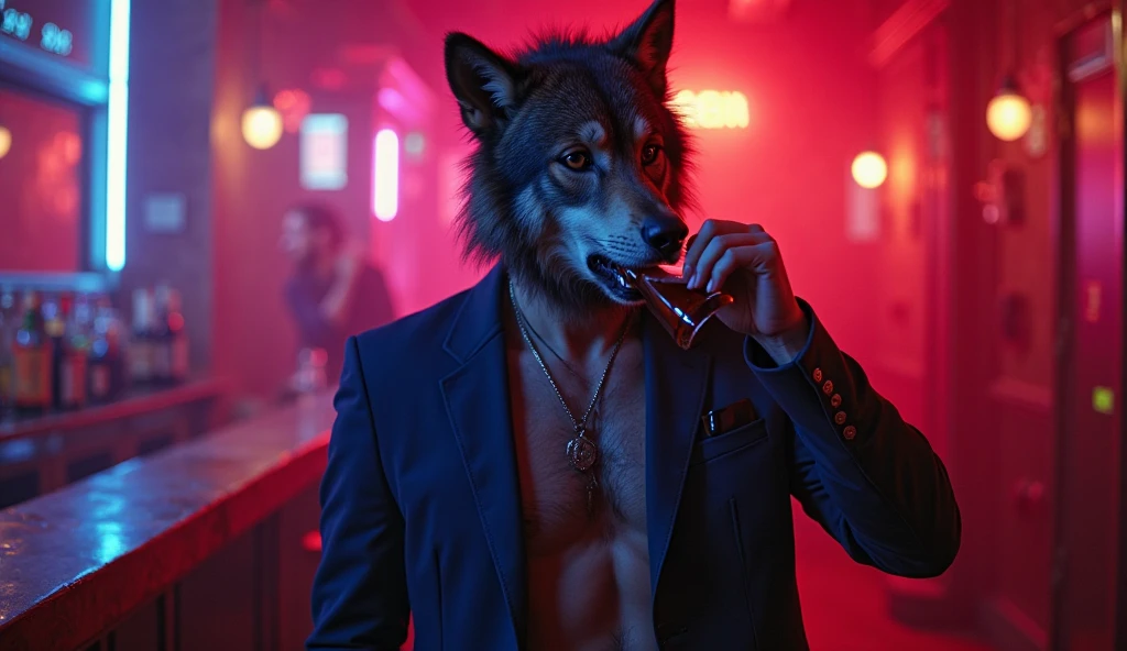 five nights at Freddy's, Foxy, Humanity, corpus nuculosum, naked torso, seated, on stage,neon lights, right hand behind the head, left hand on left leg, open legs, red fur, black pants, sonrrisa sexy, malicious look, tail visible on right side, claws on left hand, Rockstar style, shading.