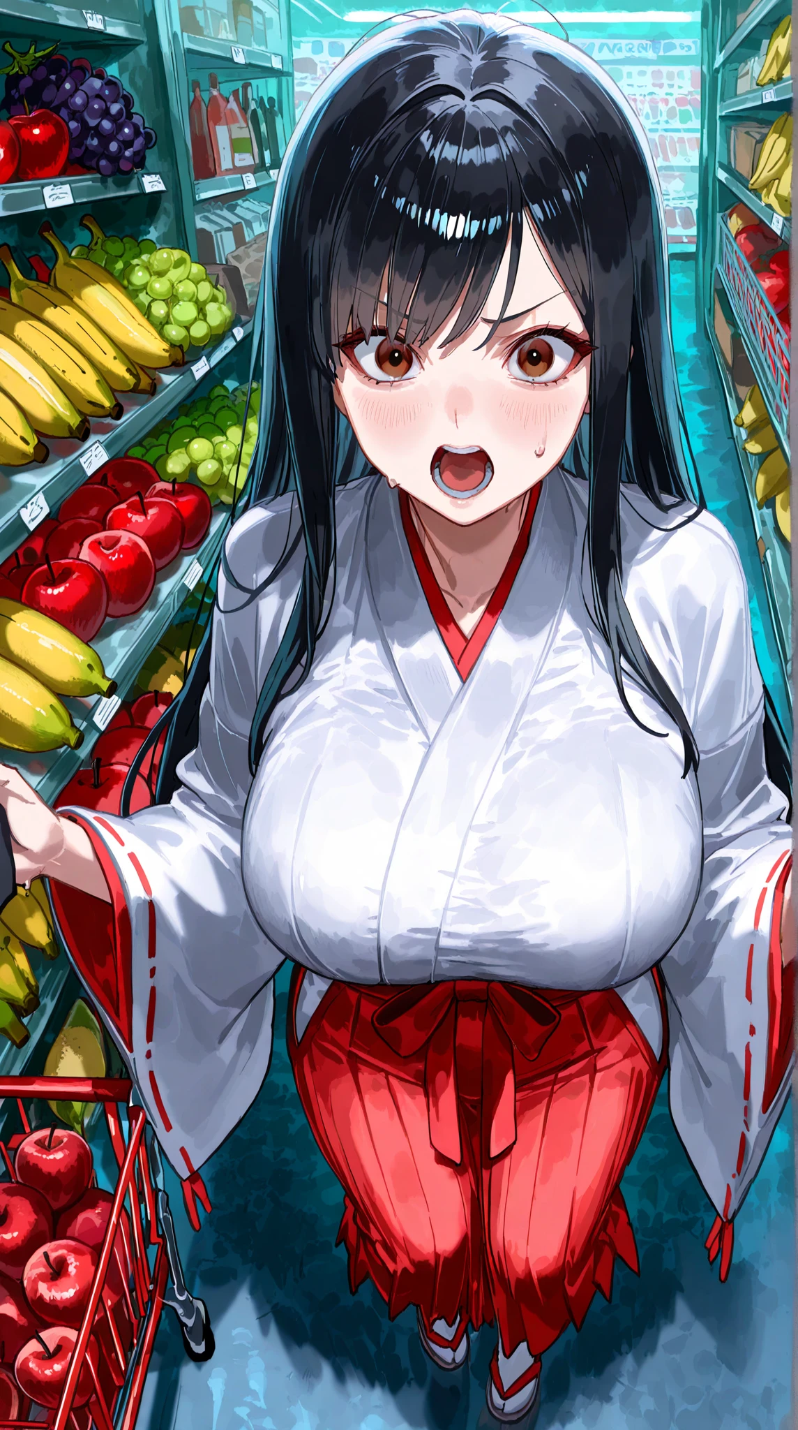 (masterpiece, best quality),female ageless, svelte, pacific islander, ruby red eyes, elongated ears, short nose, round cheeks, straight forehead, square face shape with round forehead, unique body art, , blue space buns hair, laugh wearing maxi skirt, tube top, platform sandals, , shoulder peek, off-shoulder attire, revealing a hint of skin, adding an alluring touch, misty lighting, soft, misty light adding an air of mystery and enchantment to the scene, a vibrant street market, with vendors showcasing their unique crafts and products