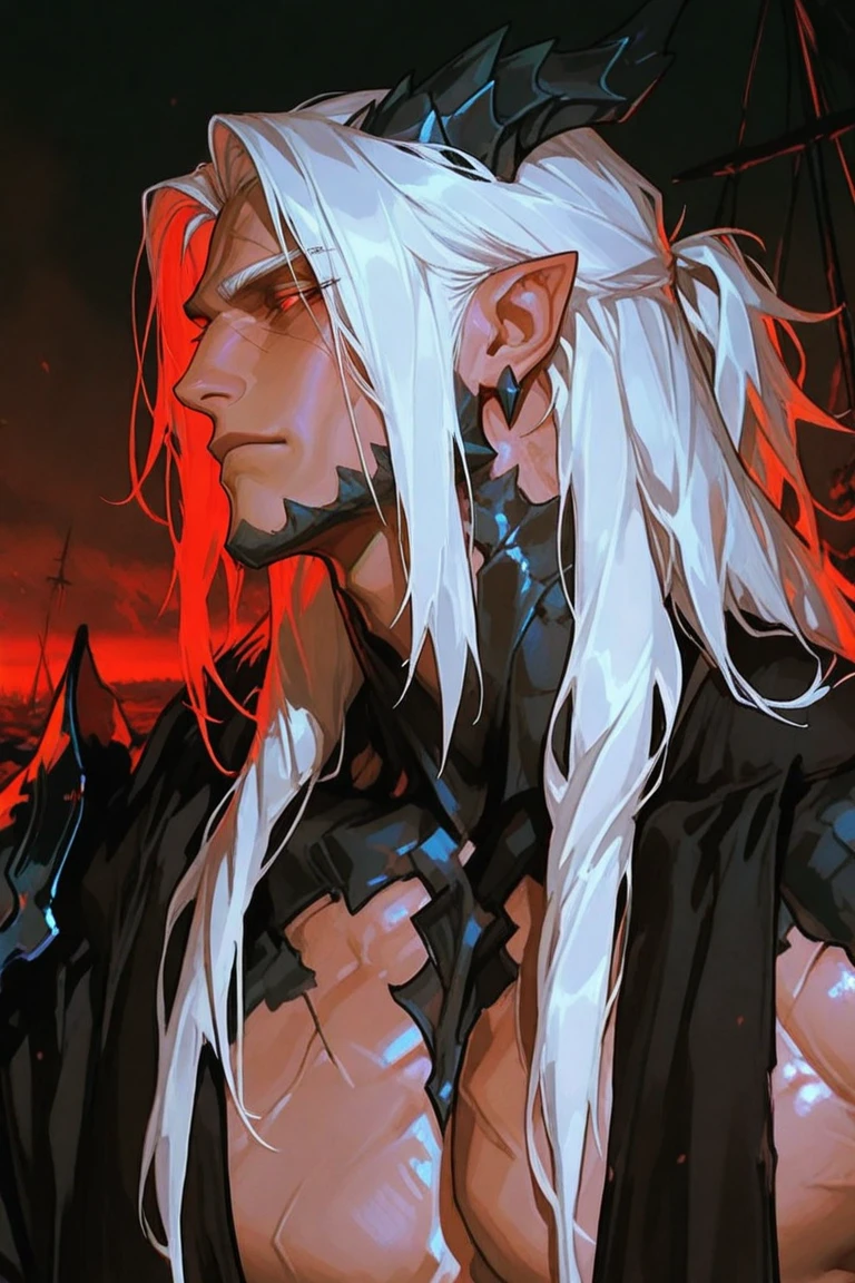 Draw a man elf drow on the hill with great ruby-encrusted magic sword in his back, 
 , black leather jacket, berserk reference, details artwork, 8k, masterpiece, art station, under the silver moon, full landscape shows, masculinity, barbarian class D&D, grey paled skin, Eye iris red and defiant, beautiful hair,